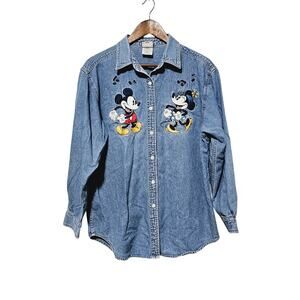 The Disney Store Denim Button-Up Top Long Sleeve Embroidered Mickey Mouse Sz L